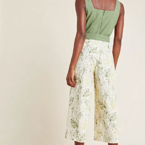 Gal Meets Glam Rachel Jumpsuit Green Linen Blend Palm Tree Tropical Sz 10 - Picture 2 of 6